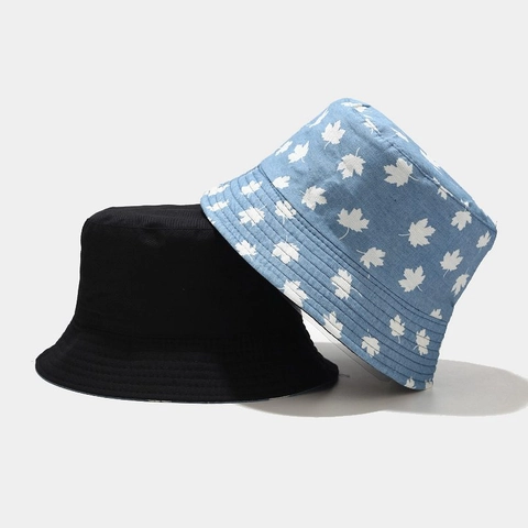 Cappello Alla Pescatora Reversibile Donna Denim Cotone Stampato Fiore Foglia Acero Protezione Solare Estate Casual