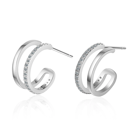 Boucles d'Oreilles Anneaux Minimalistes Élégantes Double Couche en Forme de C en Cuivre Pour Femmes Strass Incrusté Or Argent Électroplaqué Bijoux