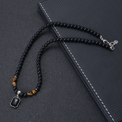Retro Beaded Necklace Natural Tiger Eye Matte Stone Stainless Steel Rectangle Pendant Hip Hop Jewelry Men Women
