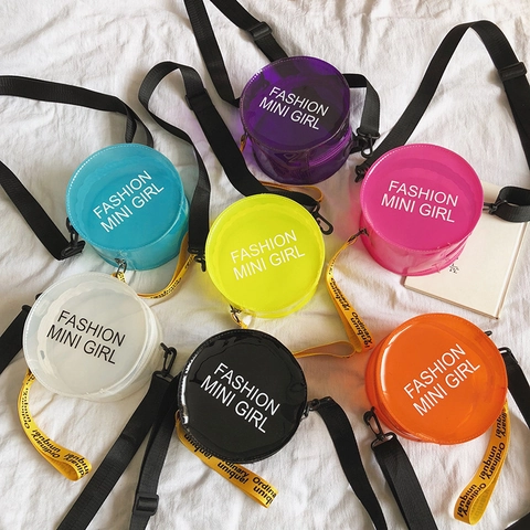 Borsa Tracolla Rotonda Stampa Lettere Fashion Mini Girl PVC Trasparente Jelly Pochette Cinghia Gialla Street Style Bambini