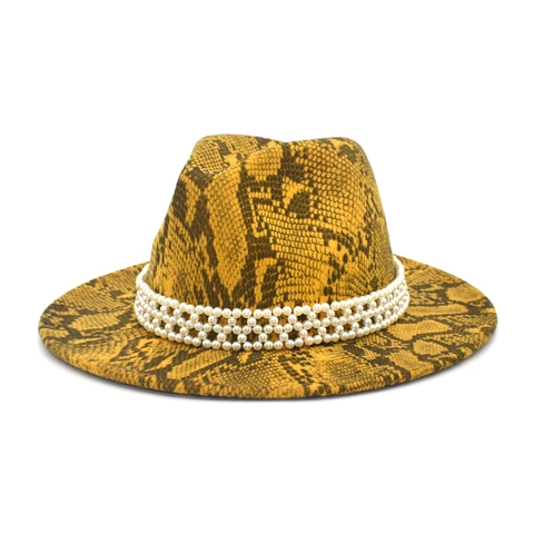 Cappello Fedora Con Stampa Serpente Feltro Di Lana Tesa Larga Con Fascia Di Künstliche Perle Stile Vintage Donna