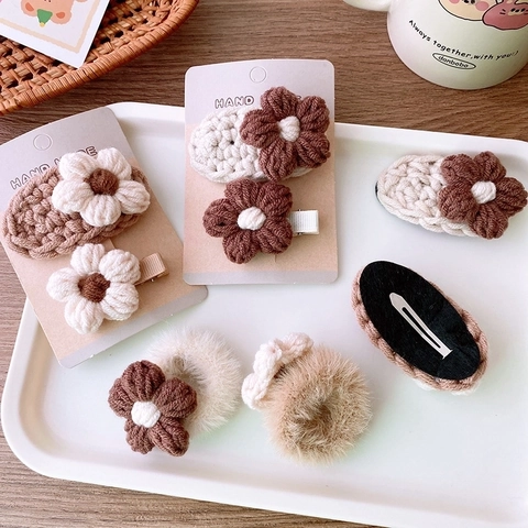 Pinzas Para El Cabello De Flores Tejidas Y Coletero De Felpa Estilo Coreano Dulce Ganchillo Hecho A Mano Para Niñas