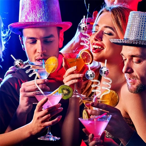 Disco Ball Drink Stirrers And Spiral Straws Mirror Glass Cocktail Agitators Plastic Reusable Party Decorations Sparkly Accessory