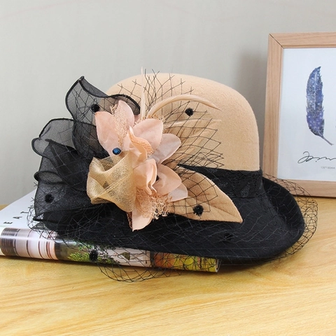 Vintage Wool Felt Fascinator Hat Elegant Mesh Veil Pillbox Hat Fabric Flower Feather Decor Women Retro Style