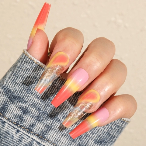Uñas Postizas Largas Coffin Press On Degradado Arcoíris Con Pan De Oro Brillo Brillante Para Mujeres