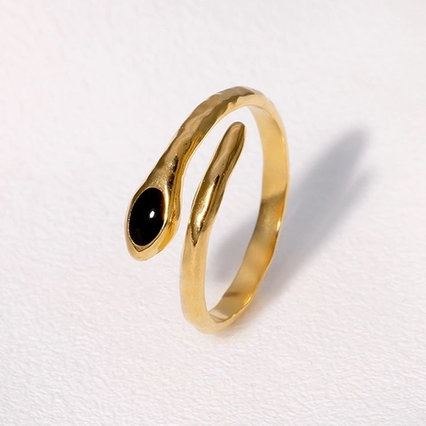 Schlangenring Edelstahl 18K Vergoldet Verstellbar Offen Hammerschlag Textur Emaille Auge Tier Schmuck Für Frauen