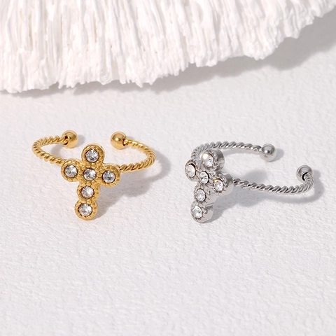Anello Regolabile Aperto Croce Acciaio Inossidabile Fascia In Corda Intrecciata Zirconia Gioielli Di Moda Per Donna