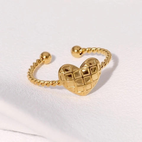 Anillo Corazón Patrón Acolchado Acero Inoxidable Ajustable Abierto Banda Cuerda Trenzada Joyería Moda Minimalista Para Mujeres