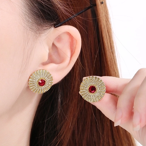 Round Sun Flower Stud Earrings Stainless Steel Vintage Ethnic Rhinestone Colorful Crystal Jewelry For Women