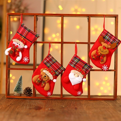 Calcetín De Navidad Bolsa De Regalo 3D Papá Noel Muñeco De Nieve Reno Oso Personaje Fieltro Rojo Cuadros Decoración