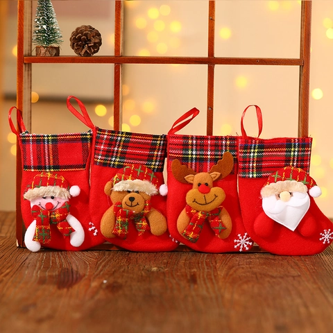 Calcetín De Navidad Bolsa De Regalo 3D Papá Noel Muñeco De Nieve Reno Oso Personaje Fieltro Rojo Cuadros Decoración
