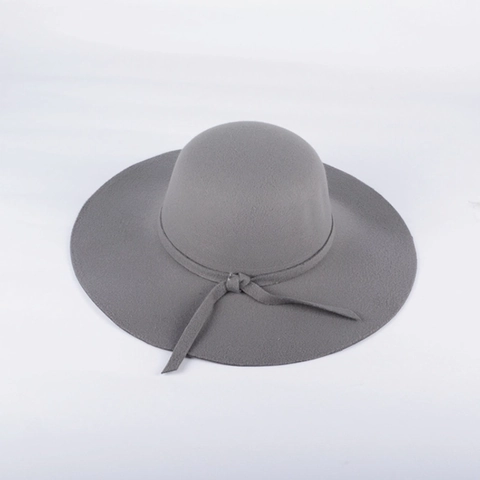 Elegant Women Wide Brim Wool Felt Fedora Hat Vintage Solid Color Warm Winter Bucket Hat With Bow Ribbon Decoration