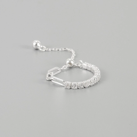 925 Sterling Silver Adjustable Chain Link Ring For Women Minimalist Inlaid Rhinestone Geometric Finger Ring Fashion Jewelry Gift