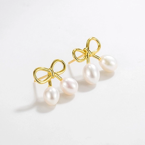 925 Sterling Silver Bowknot Freshwater Pearl Stud Earrings Korean Sweet Baroque Gold Silver Earrings Jewelry For Women