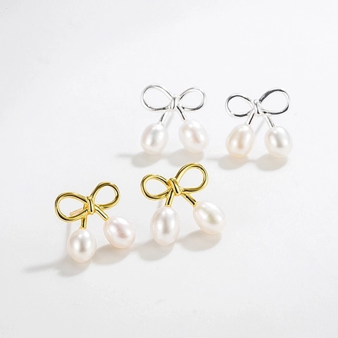 925 Sterling Silver Bowknot Freshwater Pearl Stud Earrings Korean Sweet Baroque Gold Silver Earrings Jewelry For Women