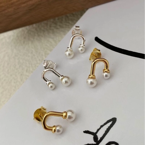 Orecchini a Bottone a U in Argento Sterling 925 per Donna Minimalisti con Perle Artificiali Orecchini a Forma di Lampadina Gioielli Moda