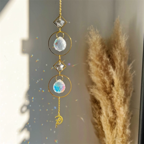 Crystal Suncatcher Hanging Ornament With Metal Moon Star Sun Prism Rainbow Maker Window Garden Decoration