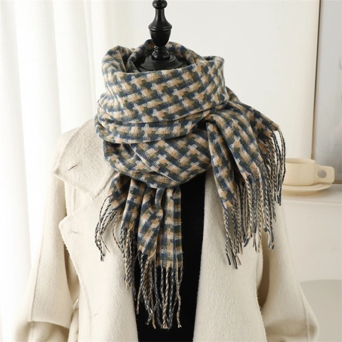 Plaid Scarf Shawl Faux Cashmere Thick Warm Winter Checkered Tassels Fashion Neck Warmer Wrap For Women
