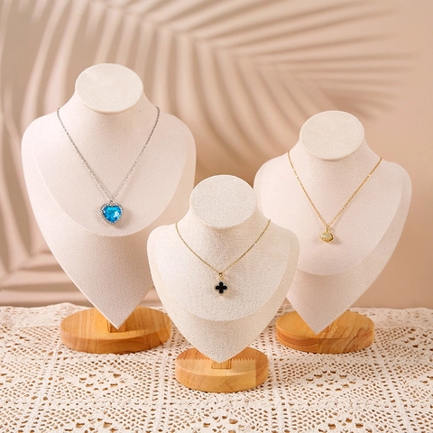 Necklace Display Stand Portrait Bust Solid Wood Base Velvet Jewelry Holder For Countertop Retail Storage Organizer