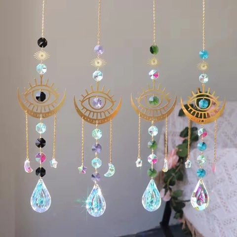 Crystal Suncatcher Hanging Ornament Moon Evil Eye Star Metal Rainbow Maker Prism Window Garden Aesthetic Decor