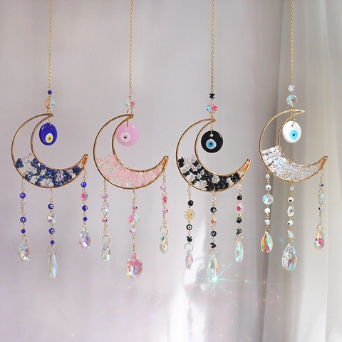 Moon Crystal Suncatcher Hanging Ornament With Natural Stones Evil Eye Prisms Window Decor Rainbow Maker Boho