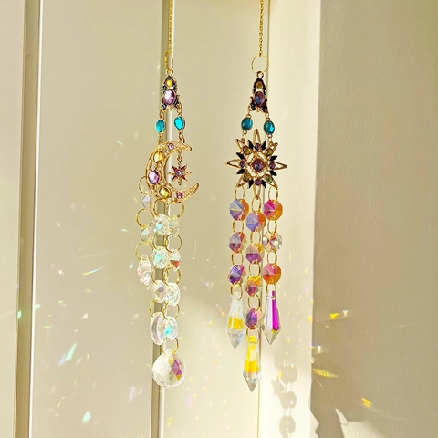 Crystal Suncatcher Prism Hanging Ornament Metal Sun Moon Star Rainbow Maker Window Home Garden Decoration