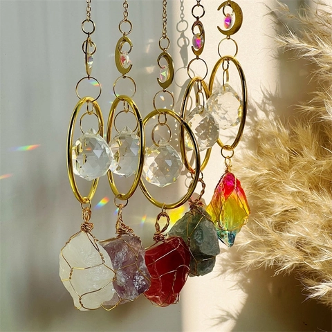 Natural Stone Crystal Suncatcher Moon Metal Ring Hanging Ornament Window Rainbow Maker Garden Home Decor