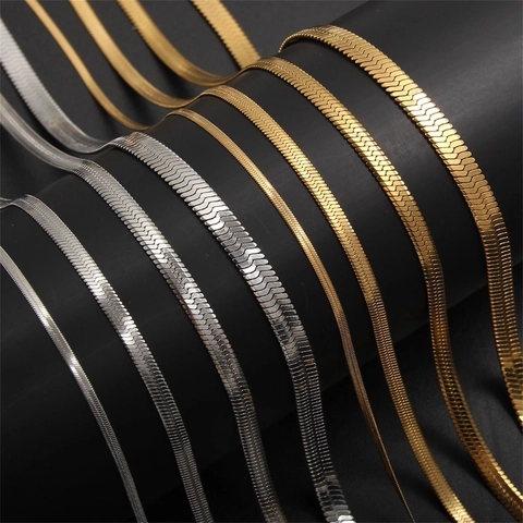 Stainless Steel Herringbone Chain Necklace Flat Snake Bone Link Minimalist Hip Hop Punk Jewelry For Men Women Polished