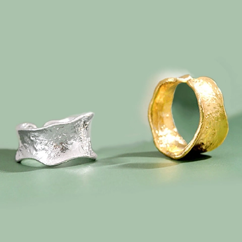 Anillo Ancho Textura Lava Irregular Cobre Plateado Anillo Abierto Ajustable Joyería Minimalista
