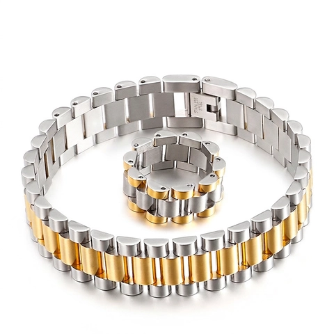 Pulsera De Cadena Y Anillo Para Hombre Acero Inoxidable 316L Diseño Correa De Reloj Dual Tone Oro Punk Tendencia Masculino