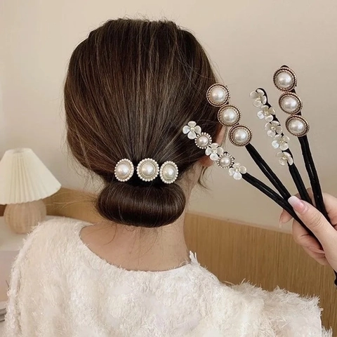 Deft Bun Maker Met Imitatie Kunstparel En Hars Bloem Elegante Luie Haar Krultang Tool Voor Vrouwen Vintage Styling Accessoire