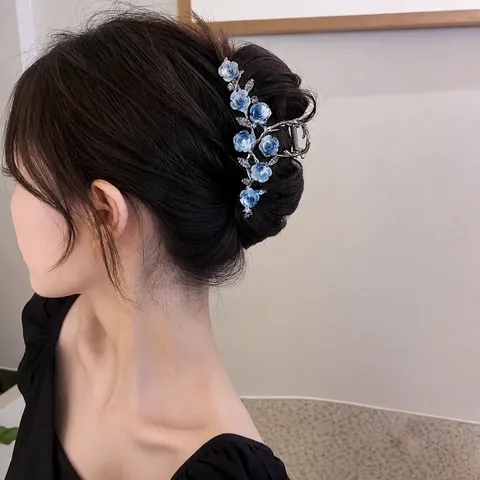 Pince à Cheveux Camélia Vintage pour Femmes Élégante Fleur Bleue en Résine Strass Alliage Pince Requin Accessoires pour Chignon