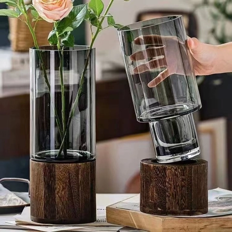 Nordic Creative Glass Vase With Round Wooden Base Modern Minimalist Transparent Grey Hydroponic Flower Home Decor