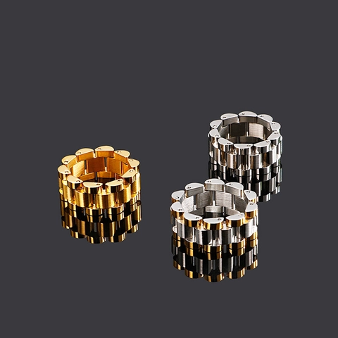 Pulsera De Cadena Y Anillo Para Hombre Acero Inoxidable 316L Diseño Correa De Reloj Dual Tone Oro Punk Tendencia Masculino