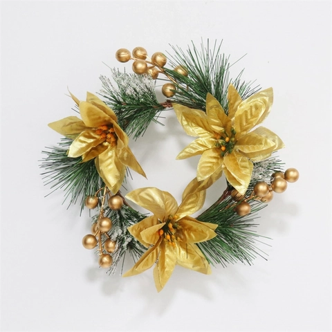 Corona De Navidad Flor De Pascua Dorada Anillo De Vela Agujas De Pino PVC Nieve Escarchada Bayas Doradas Decoración Mesa