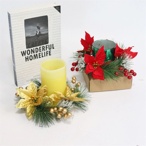 Corona De Navidad Flor De Pascua Dorada Anillo De Vela Agujas De Pino PVC Nieve Escarchada Bayas Doradas Decoración Mesa