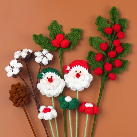Handmade Crochet Christmas Flower Branch Knitted Santa Claus Cotton Pine Cone Poinsettia Home Decor Festive Bouquet