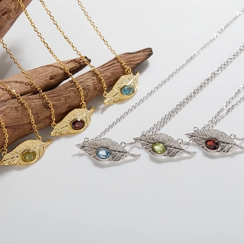 Set Collana a Foglia in Argento Sterling S925 Ciondolo in Granato Naturale Peridoto Topazio Gioielli da Donna Accessorio Moda Elegante
