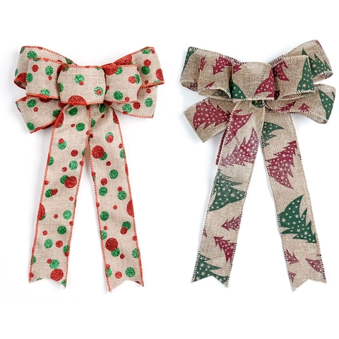 Christmas Decoration Bows Burlap Printed Glitter Large Tree Topper Gift Wrap Rustic Holiday Ornament