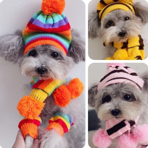 Haustier Strickmütze Schal Und Beinstulpen Warm Winter Herbst Hund Gestreift Outfit Zubehör Für Welpen Teddy Katzen
