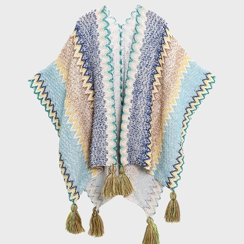 Poncho De Chal De Punto Para Mujer Patrón De Ondas En Zigzag Con Borlas Estilo Étnico Bohemio Abrigo De Viaje Extragrande