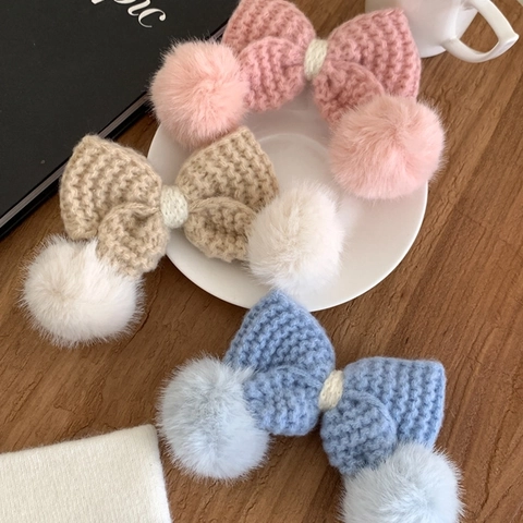 Barrettes À Cheveux Nœud Tricoté Avec Pompons En Fausse Fourrure Pinces À Bec De Canard Pour Femmes Filles