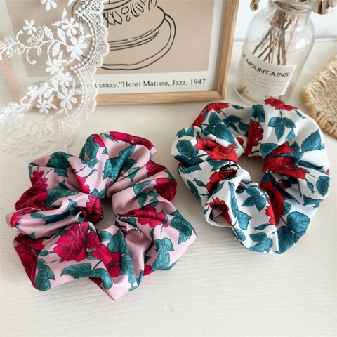 Scrunchie Con Stampa Di Rose Vintage Francese Tessuto Di Raso Elastico Cravatta Per Capelli Dolce Fascia Floreale Per Donne