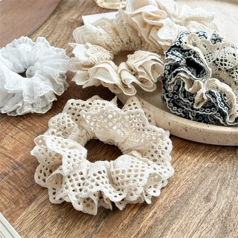 Coleteros De Encaje Bordado Calado Capas Múltiples Plisados Vintage Elegantes Gomas Para El Cabello De Tela Para Mujeres