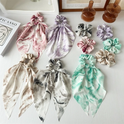 Coleteros Con Cintas Largas Gasa Satén Tie Dye Patrón Mármol Lazos Para El Cabello Elegantes Para Mujeres Niñas