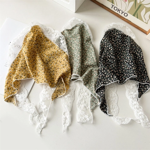 French Vintage Floral Lace Triangular Bandana Hairband Pastoral Style Fabric Head Scarf For Women Summer Beach Vacation