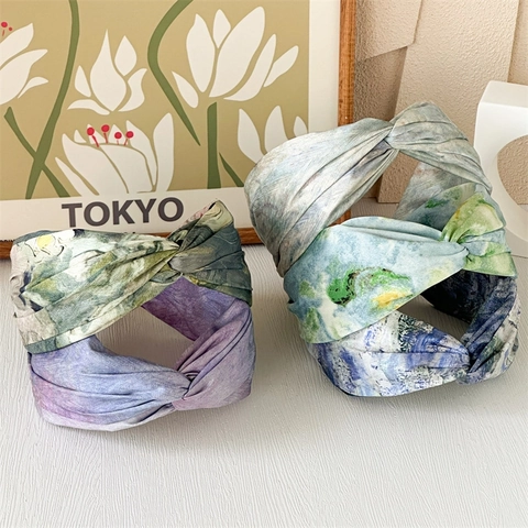 Cerchietto In Raso Stile Pittura Ad Olio Vintage Nodo Largo Per Donne Artistico Gradiente Stampa Copricapo Elegante