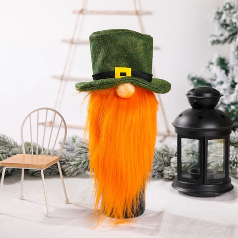 Wine Bottle Cover St. Patrick's Day Gnome Leprechaun Green Hat Orange Beard Braids Felt Festive Table Decor