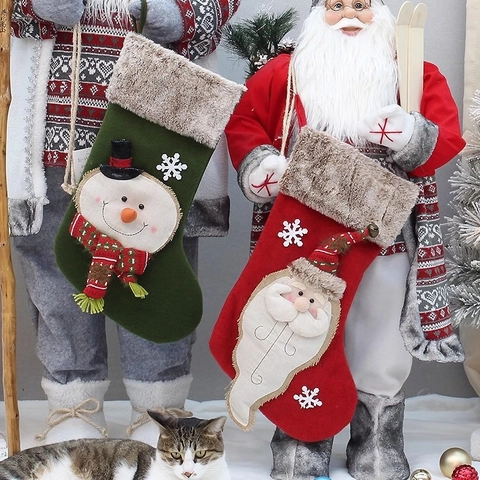 Calcetín De Navidad Borde De Piel Sintética Grande Aplique 3D Papá Noel Muñeco De Nieve Reno Bolsa De Regalo Decoración Chimenea