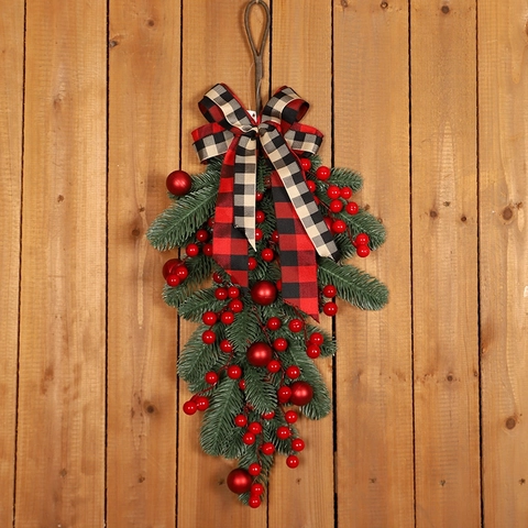 Weihnachten Teardrop Swag Künstliche Kiefernnadeln Rote Beeren Karierte Schleife Wandbehang Haustür Feiertagsdekoration